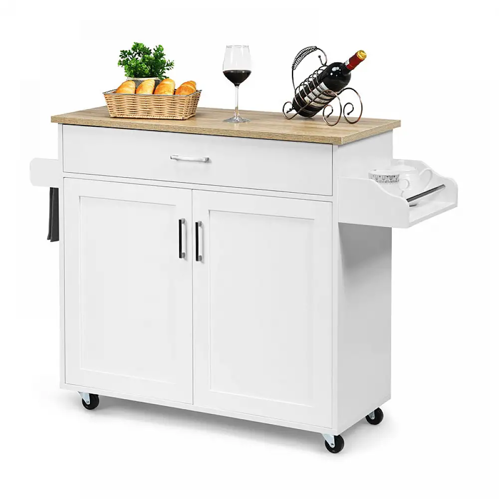 Ξύλινο Τρόλεϊ Κουζίνας με Ντουλάπι και Συρτάρι 116 x 40 x 85 cm Χρώματος Λευκό Costway KC51983WH