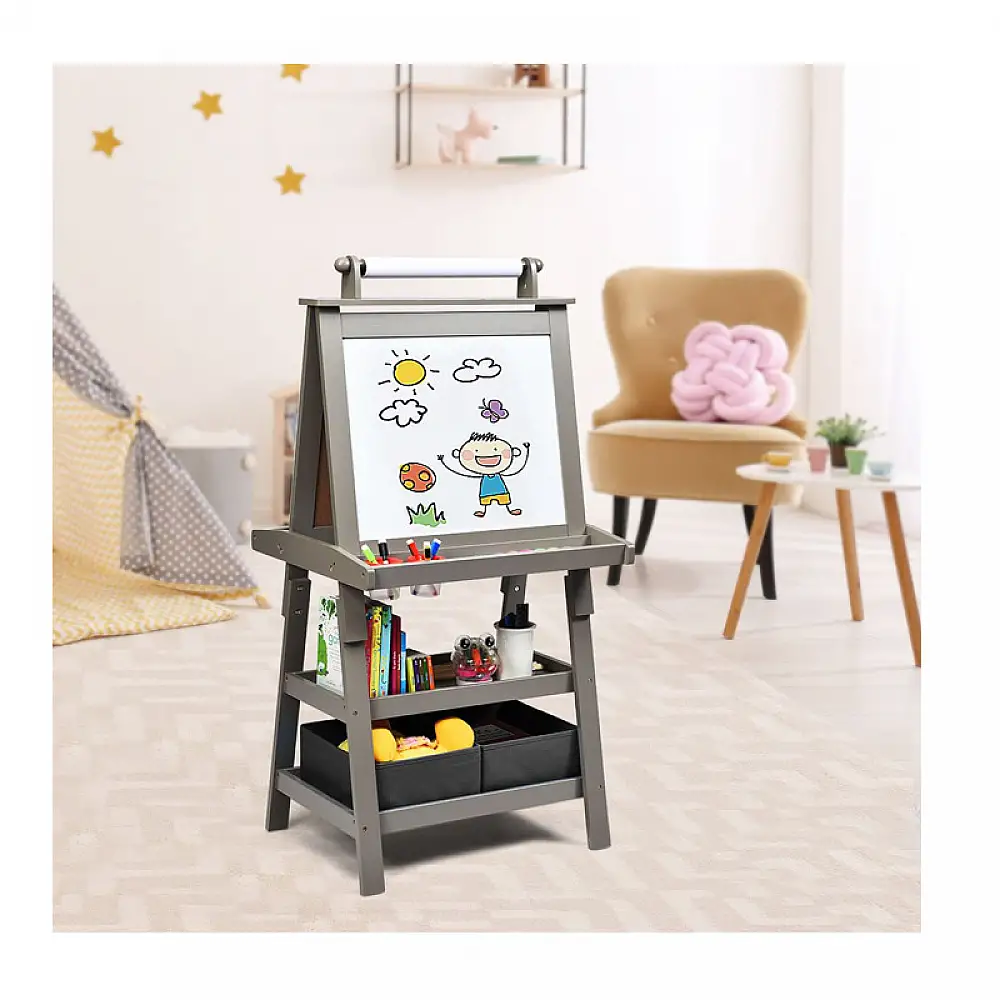 Ξύλινος Παιδικός Μαυροπίνακας / Πίνακας 3 σε 1 Διπλής Όψης Χρώματος Γκρι Costway TY327442HS