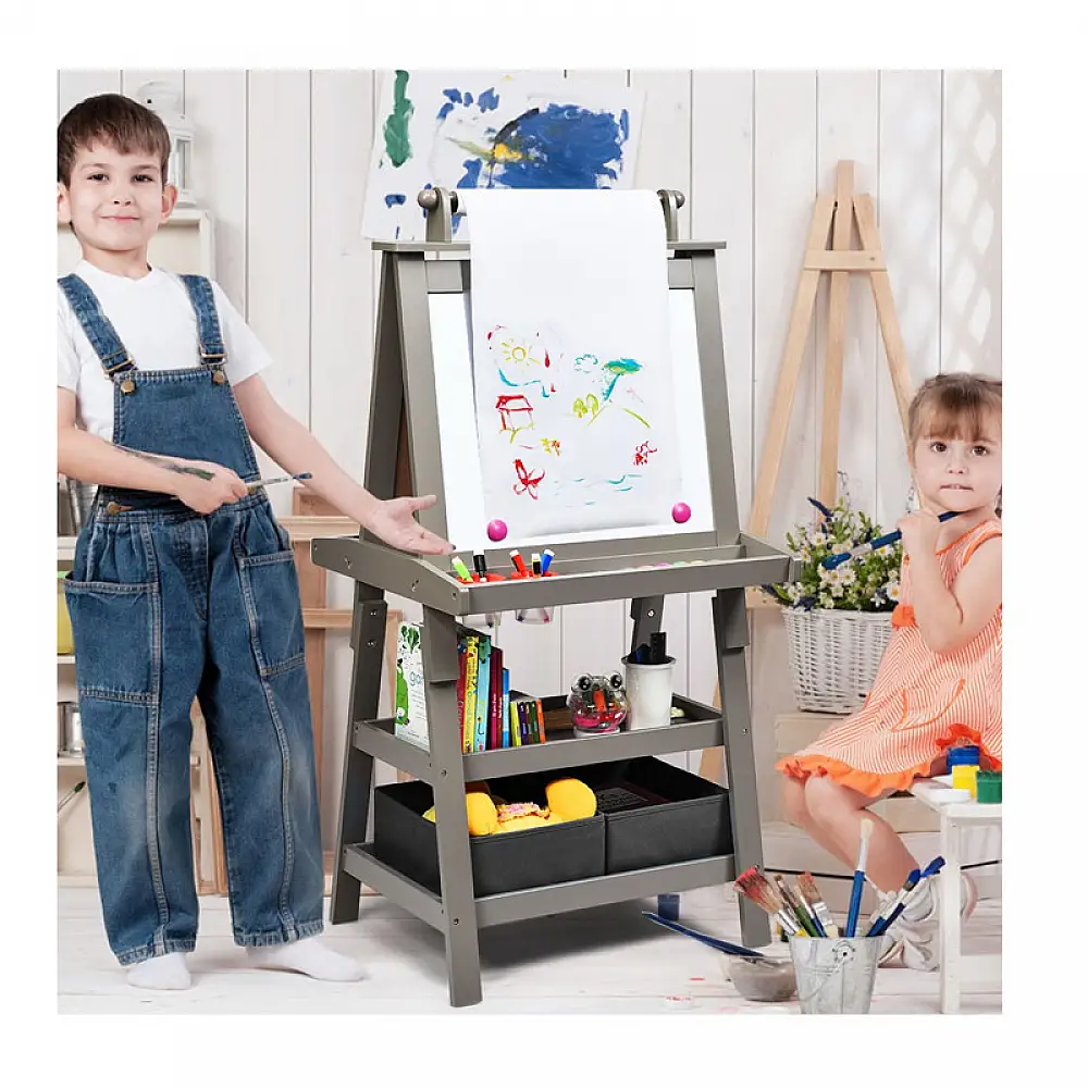 Ξύλινος Παιδικός Μαυροπίνακας / Πίνακας 3 σε 1 Διπλής Όψης Χρώματος Γκρι Costway TY327442HS