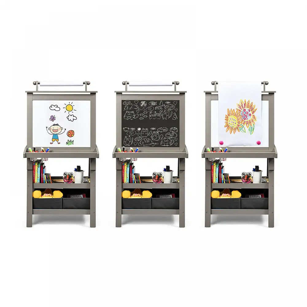 Ξύλινος Παιδικός Μαυροπίνακας / Πίνακας 3 σε 1 Διπλής Όψης Χρώματος Γκρι Costway TY327442HS