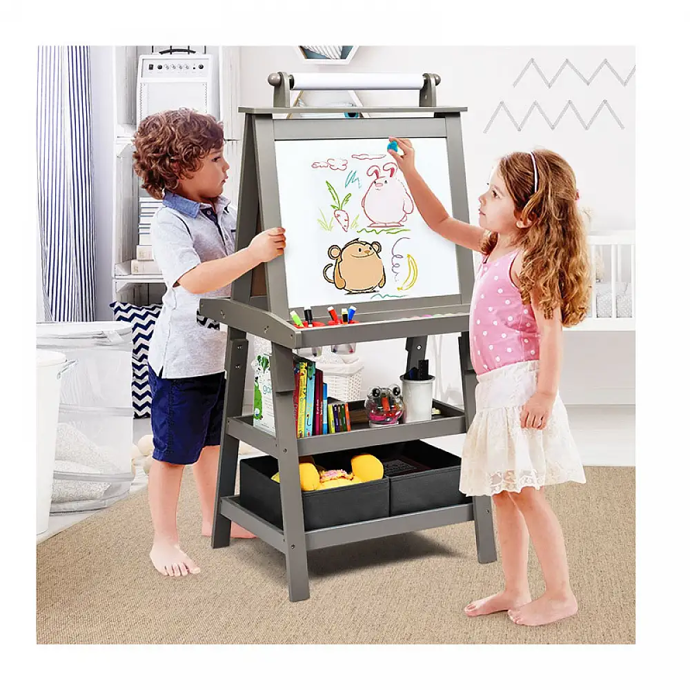 Ξύλινος Παιδικός Μαυροπίνακας / Πίνακας 3 σε 1 Διπλής Όψης Χρώματος Γκρι Costway TY327442HS