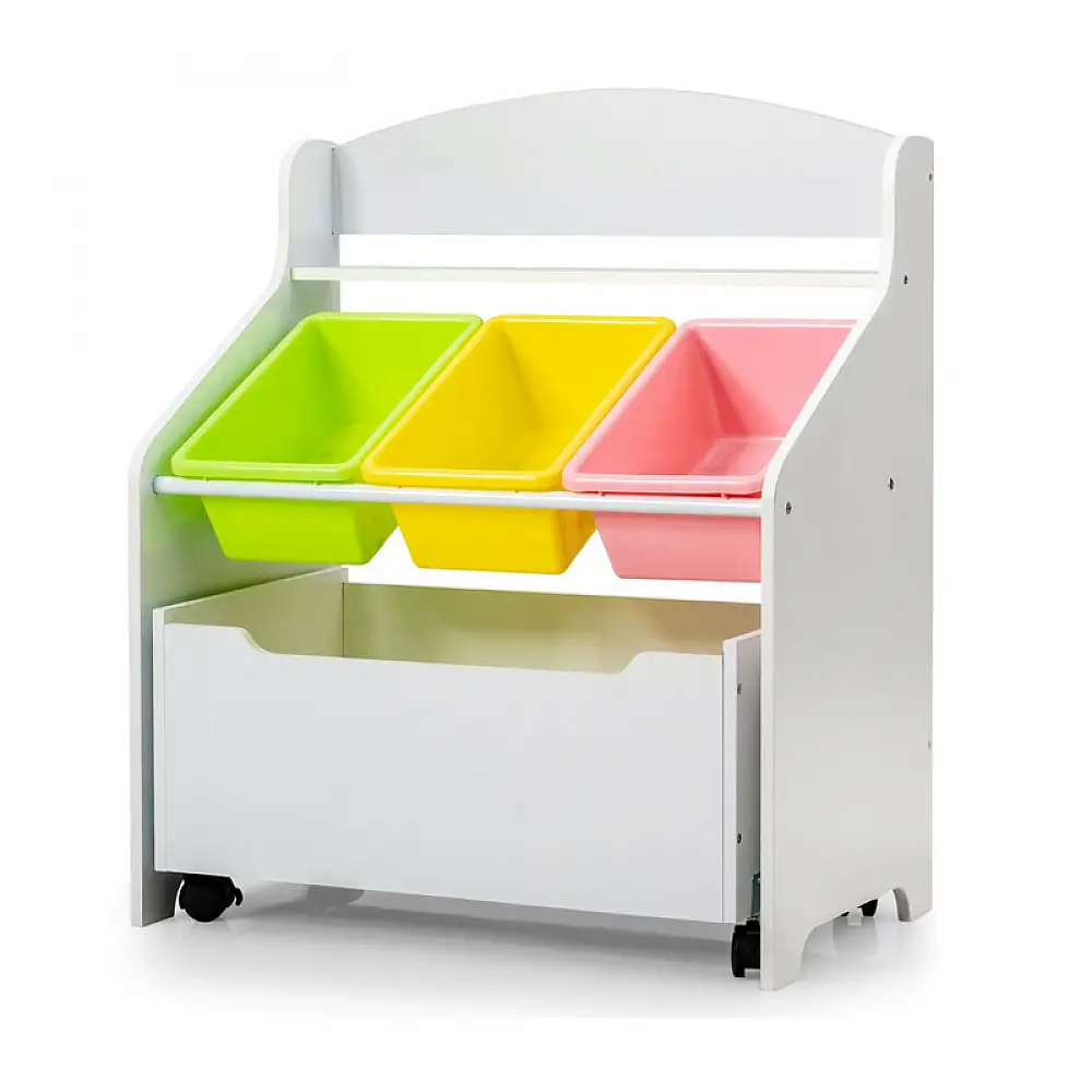 Ξύλινη Παιδική Ραφιέρα με 1 Συρτάρι και 3 Πλαστικά Καλάθια 63.5 x 38 x 76.5 cm Χρώματος Λευκό Costway HW66456WH