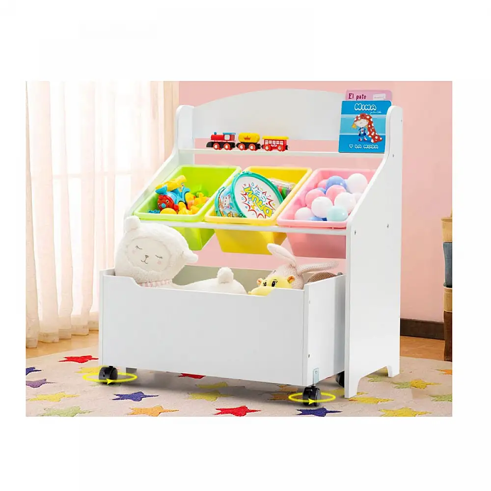 Ξύλινη Παιδική Ραφιέρα με 1 Συρτάρι και 3 Πλαστικά Καλάθια 63.5 x 38 x 76.5 cm Χρώματος Λευκό Costway HW66456WH