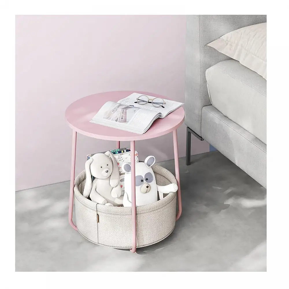 Μεταλλικό Στρογγυλό Βοηθητικό Τραπεζάκι Σαλονιού με Υφασμάτινο Καλάθι 45 x 50 cm Χρώματος Ροζ VASAGLE LET223R61