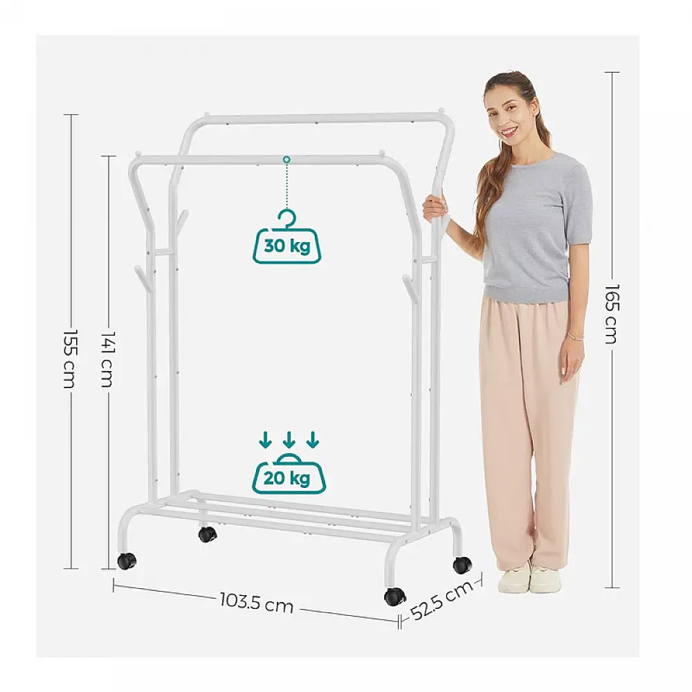 Μεταλλική Διπλή Τροχήλατη Κρεμάστρα Ρούχων Δαπέδου Βαρέως Τύπου 103.5 x 52.5 x 155 cm Χρώματος Λευκό Songmics HSR107W01