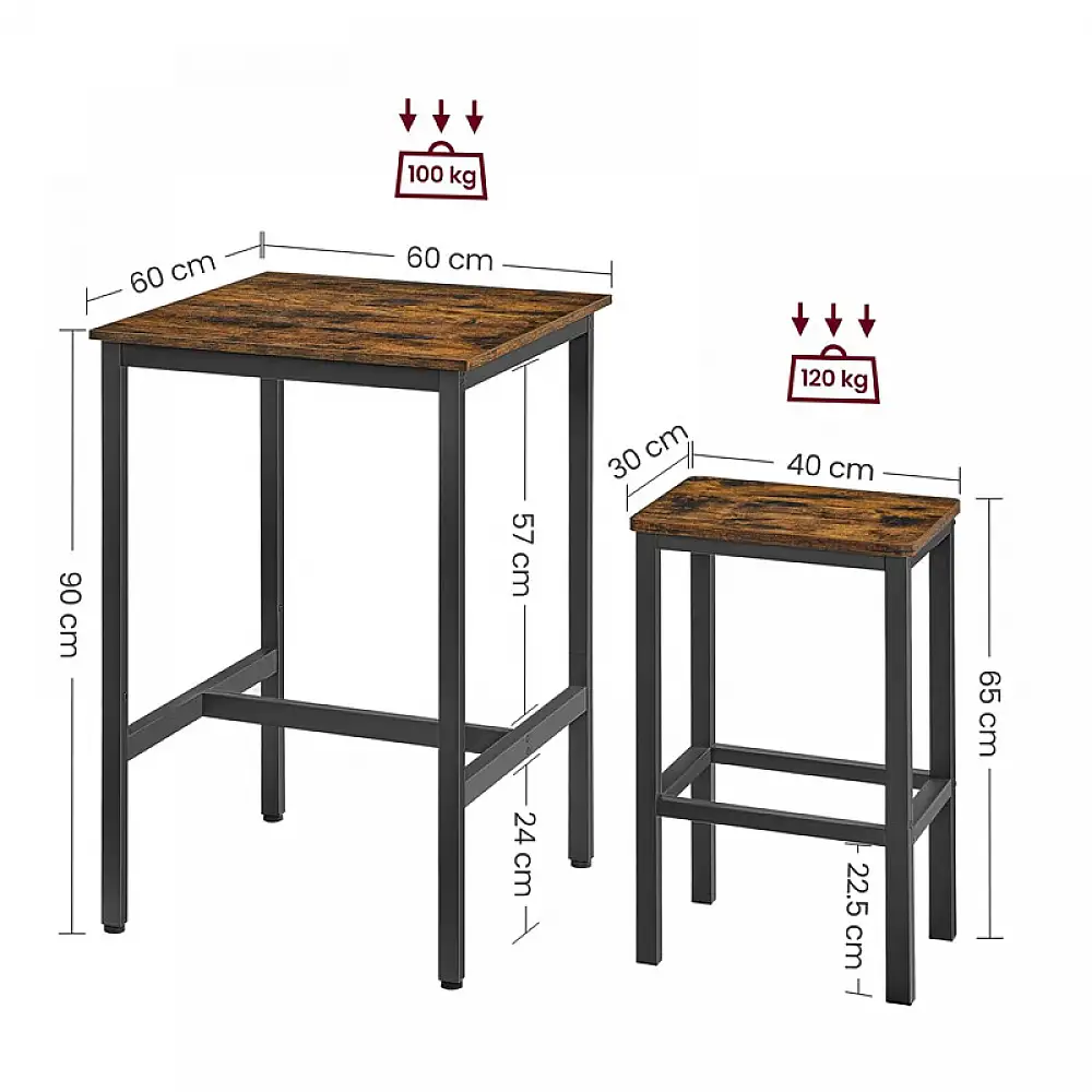 Σετ Μεταλλικό Τετράγωνο Τραπέζι - Bar 60 x 60 x 90 cm με 2 Σκαμπό VASAGLE LBT017B01