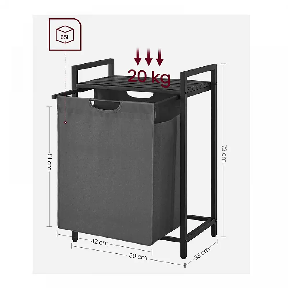 Μεταλλικό Καλάθι Απλύτων με 1 Ράφι 50 x 33 x 72 cm Χρώματος Μαύρο/Γκρι VASAGLE BLH101G01