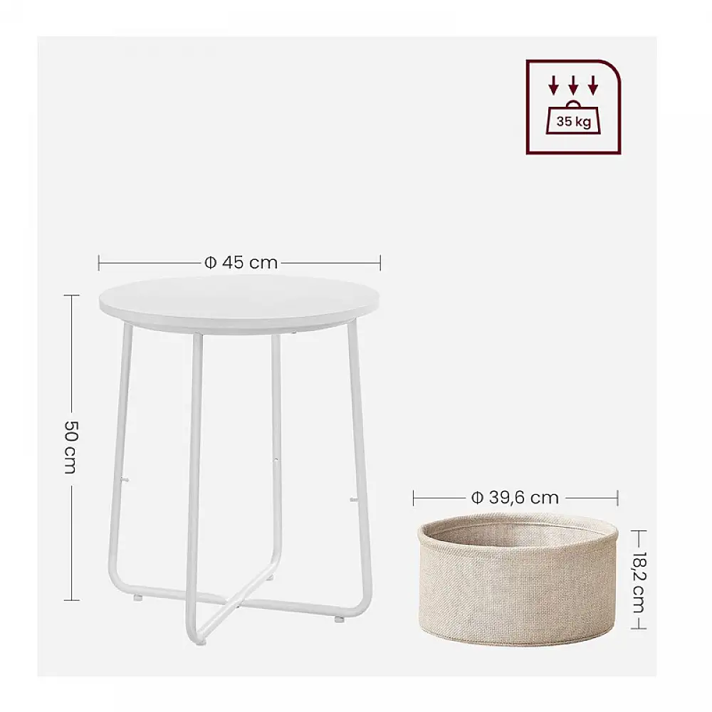 Μεταλλικό Στρογγυλό Βοηθητικό Τραπεζάκι Σαλονιού με Υφασμάτινο Καλάθι 45 x 50 cm Χρώματος Λευκό VASAGLE LET223W10
