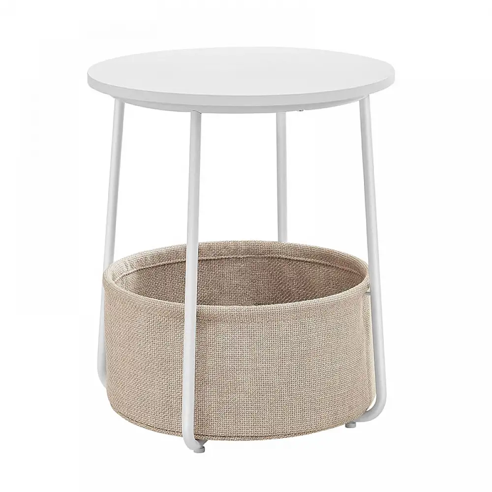 Μεταλλικό Στρογγυλό Βοηθητικό Τραπεζάκι Σαλονιού με Υφασμάτινο Καλάθι 45 x 50 cm Χρώματος Λευκό VASAGLE LET223W10