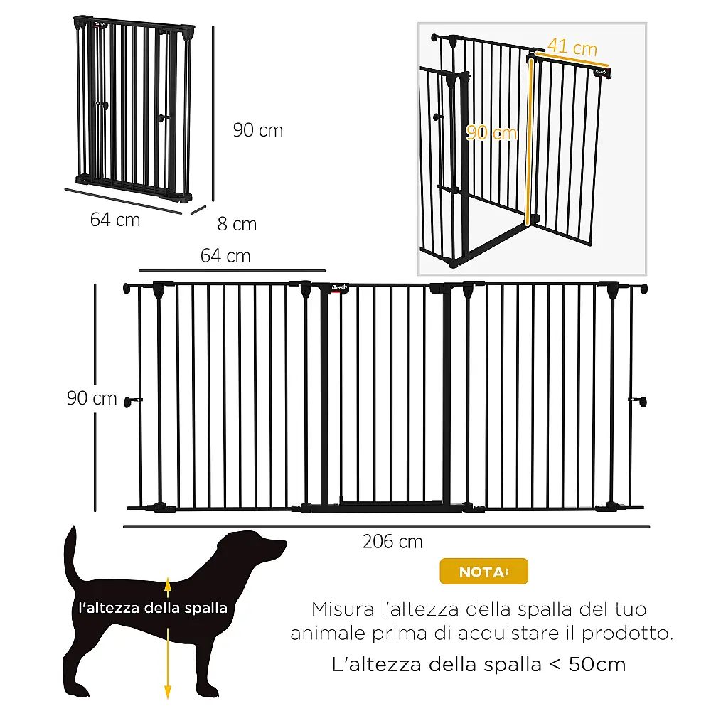 PawHut 3-Panel Medium Dog Gate με διπλό σύστημα κλειδώματος, 206x90cm, Μαύρο D06-186V00BK