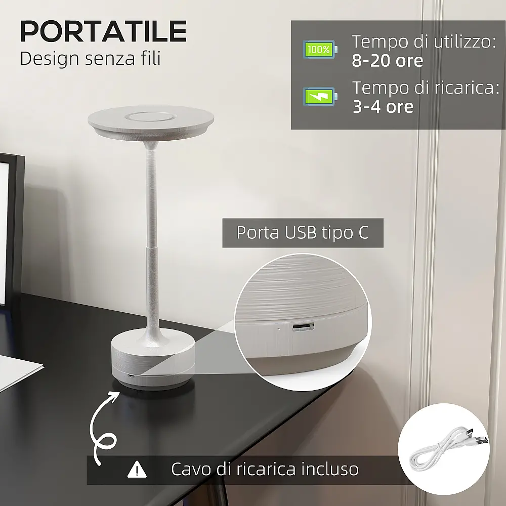 HOMCOM Wireless Lamp Touch LED Light 3 Tones and Rechargeable Battery, Ø13x28,5cm, Ασημί B31-454V00SR HOMCOM Wireless Lamp Touch LED Light 3 Tones and Rechargeable Battery, Ø13x28,5cm, Ασημί B31-454V00SR