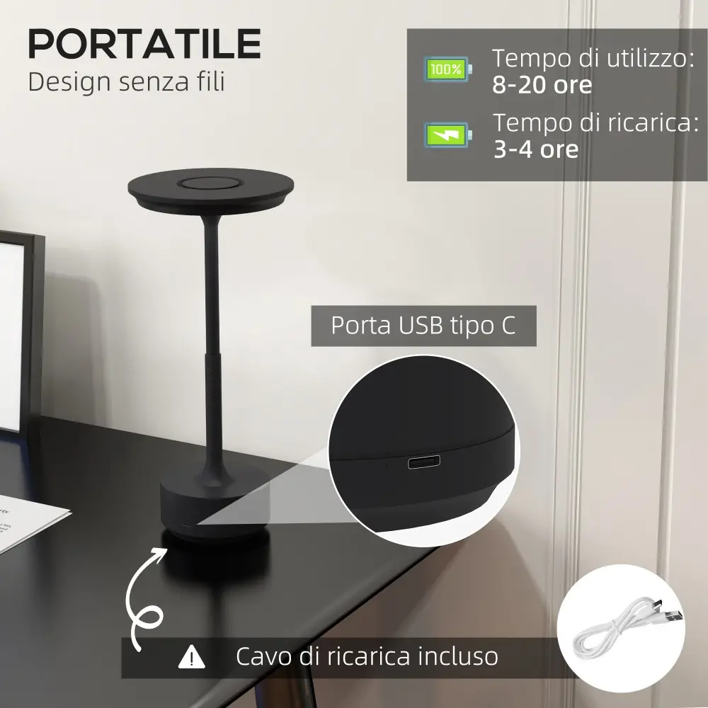 HOMCOM Wireless Lamp Touch LED Light 3 Tones και επαναφορτιζόμενη μπαταρία, Ø13x28,5cm, Μαύρο B31-454V00BK HOMCOM Wireless Lamp Touch LED Light 3 Tones και επαναφορτιζόμενη μπαταρία, Ø13x28,5cm, Μαύρο B31-454V00BK