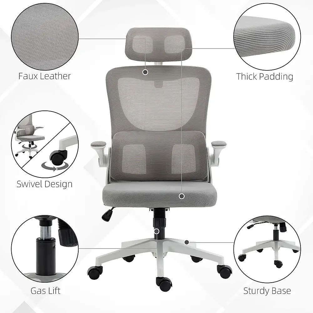 Εργονομική καρέκλα γραφείου Vinsetto με ρυθμιζόμενο ύψος και προσκέφαλο, 60x59x114-122 cm, γκρι 921-673V00GY