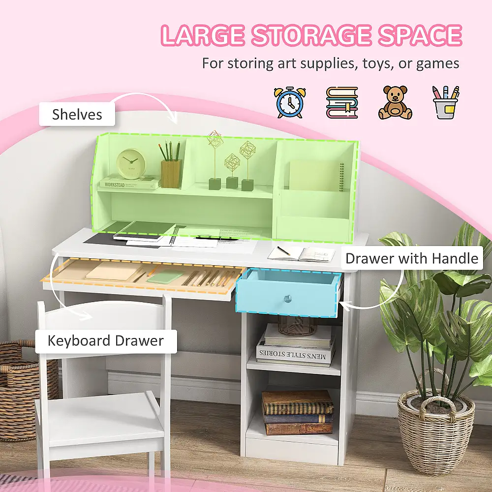 Σχολικό γραφείο και καρέκλα ZONEKIZ για παιδιά 5-8 ετών με ράφι και αφαιρούμενο ράφι από λευκό ξύλο 312-107V80WT