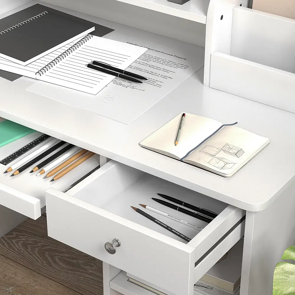 Σχολικό γραφείο και καρέκλα ZONEKIZ για παιδιά 5-8 ετών με ράφι και αφαιρούμενο ράφι από λευκό ξύλο 312-107V80WT