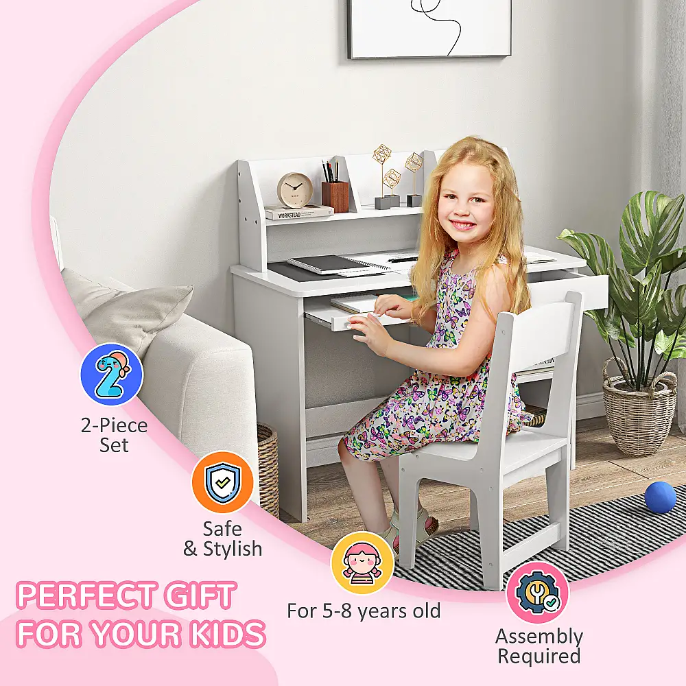 Σχολικό γραφείο και καρέκλα ZONEKIZ για παιδιά 5-8 ετών με ράφι και αφαιρούμενο ράφι από λευκό ξύλο 312-107V80WT