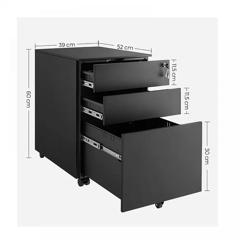 Τροχήλατη Μεταλλική Συρταριέρα Γραφείου με 3 Συρτάρια 52 x 39 x 60 cm Χρώματος Μαύρο Songmics OFC60BK