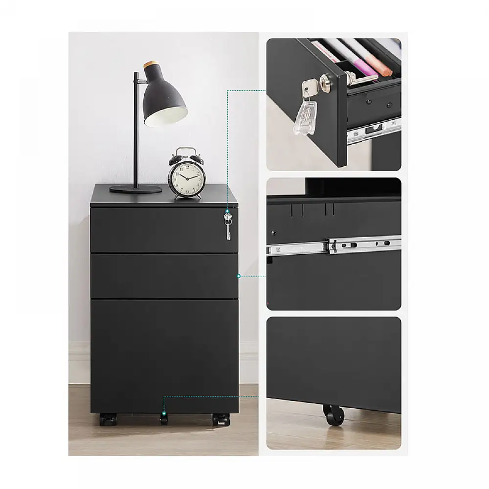 Τροχήλατη Μεταλλική Συρταριέρα Γραφείου με 3 Συρτάρια 52 x 39 x 60 cm Χρώματος Μαύρο Songmics OFC60BK