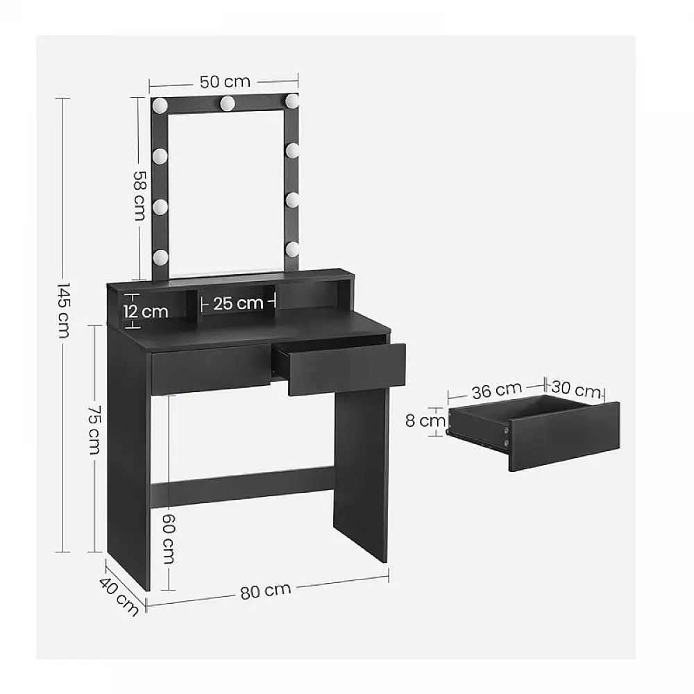 Ξύλινο Μπουντουάρ με Καθρέπτη και Φωτισμό 80 x 40 x 145 cm Χρώματος Μαύρο VASAGLE RDT114T16
