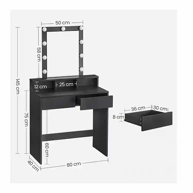 Ξύλινο Μπουντουάρ με Καθρέπτη και Φωτισμό 80 x 40 x 145 cm Χρώματος Μαύρο VASAGLE RDT114T16