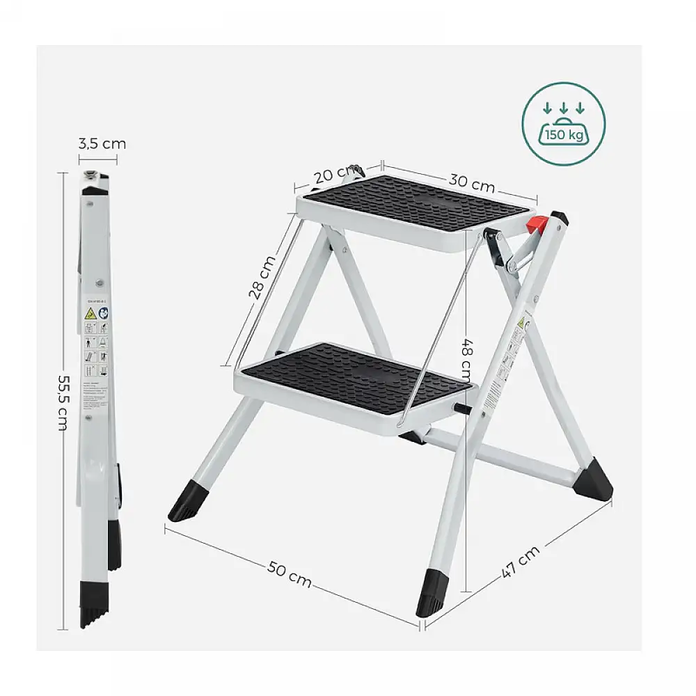 Πτυσσόμενη Σκάλα από Ατσάλι 2 Σκαλιών Χρώματος Λευκό Songmics GSL02WT
