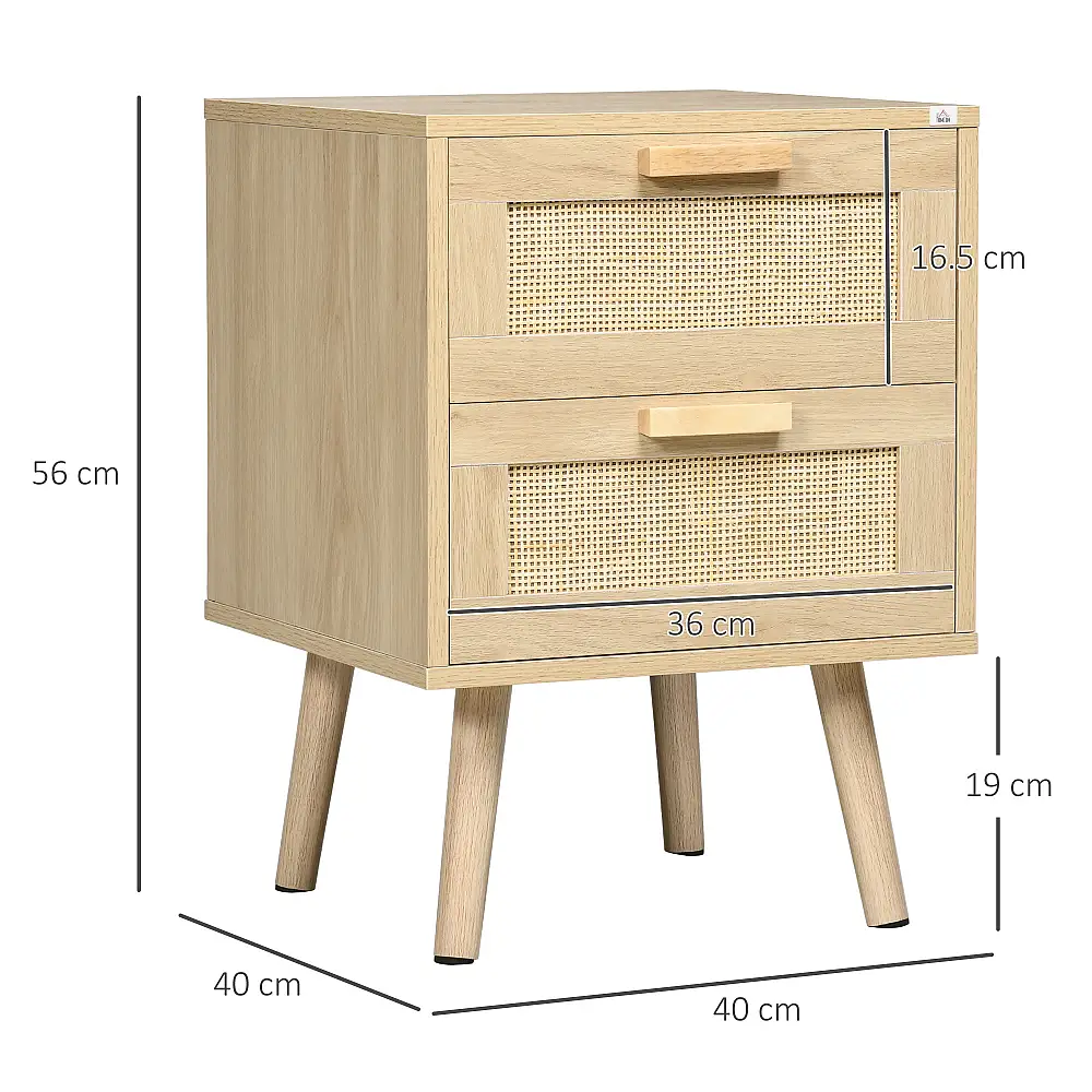 HOMCOM Κομοδίνο για Υπνοδωμάτιο με 2 Συρτάρια σε στυλ Boho, 40x40x56cm, Φυσικό Χρώμα Ξύλου 831-664V00ND