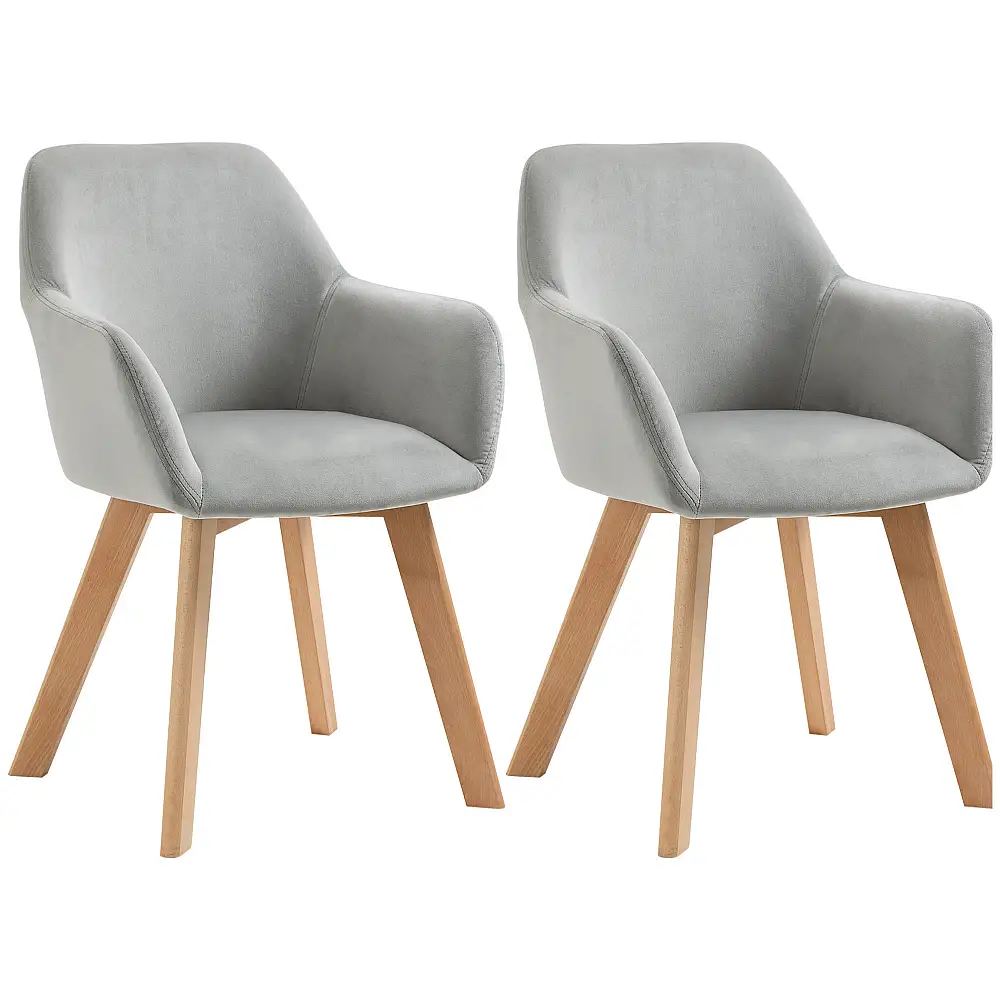 HOMCOM Σετ 2 καρέκλες τραπεζαρίας με επένδυση από βελούδο με μπράτσα και ξύλινα πόδια, γκρι 835-728V00GY