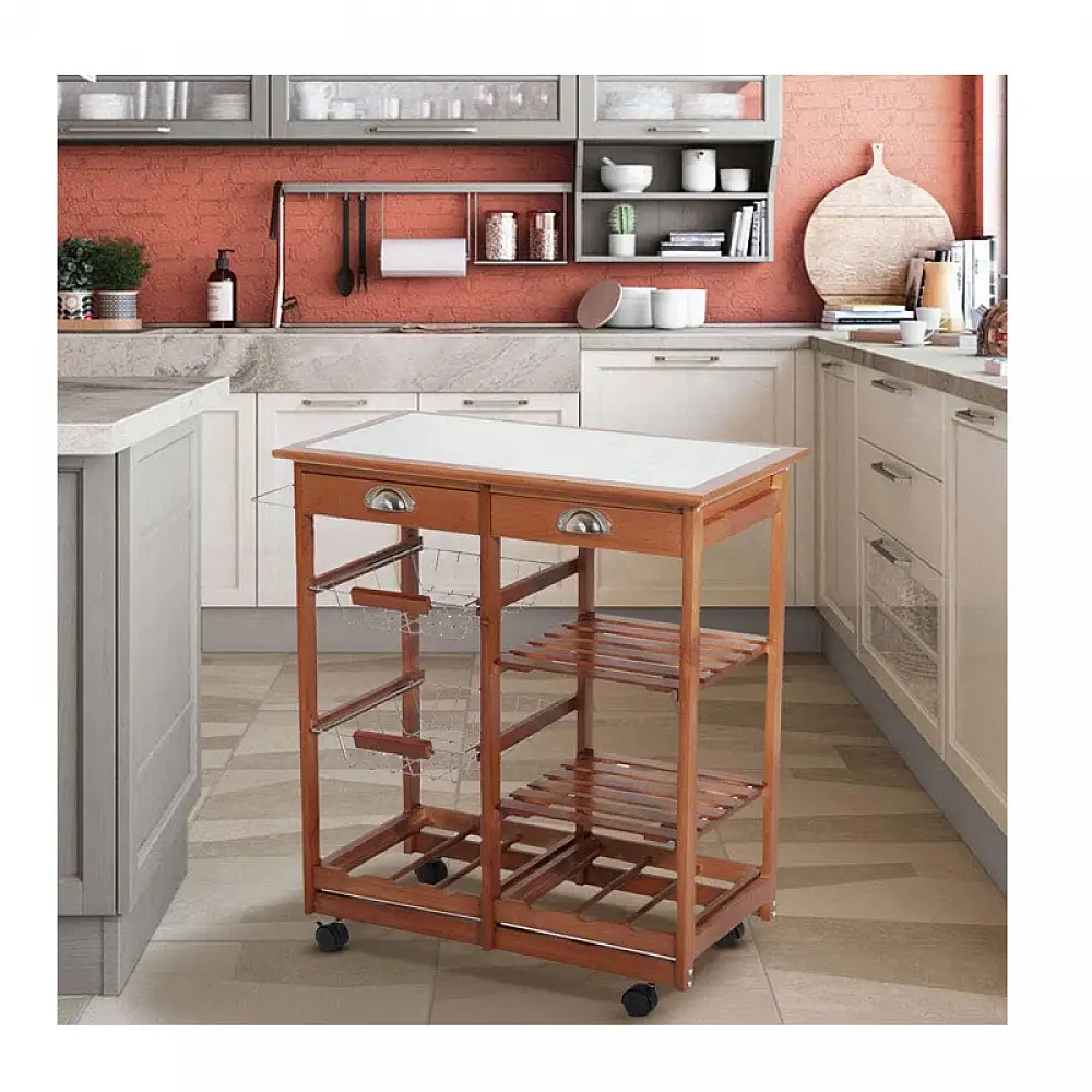 Ξύλινο Τρόλεϊ Κουζίνας με 4 Ράφια και 2 Συρτάρια 74 x 37 x 76 cm Bakaji 02839513