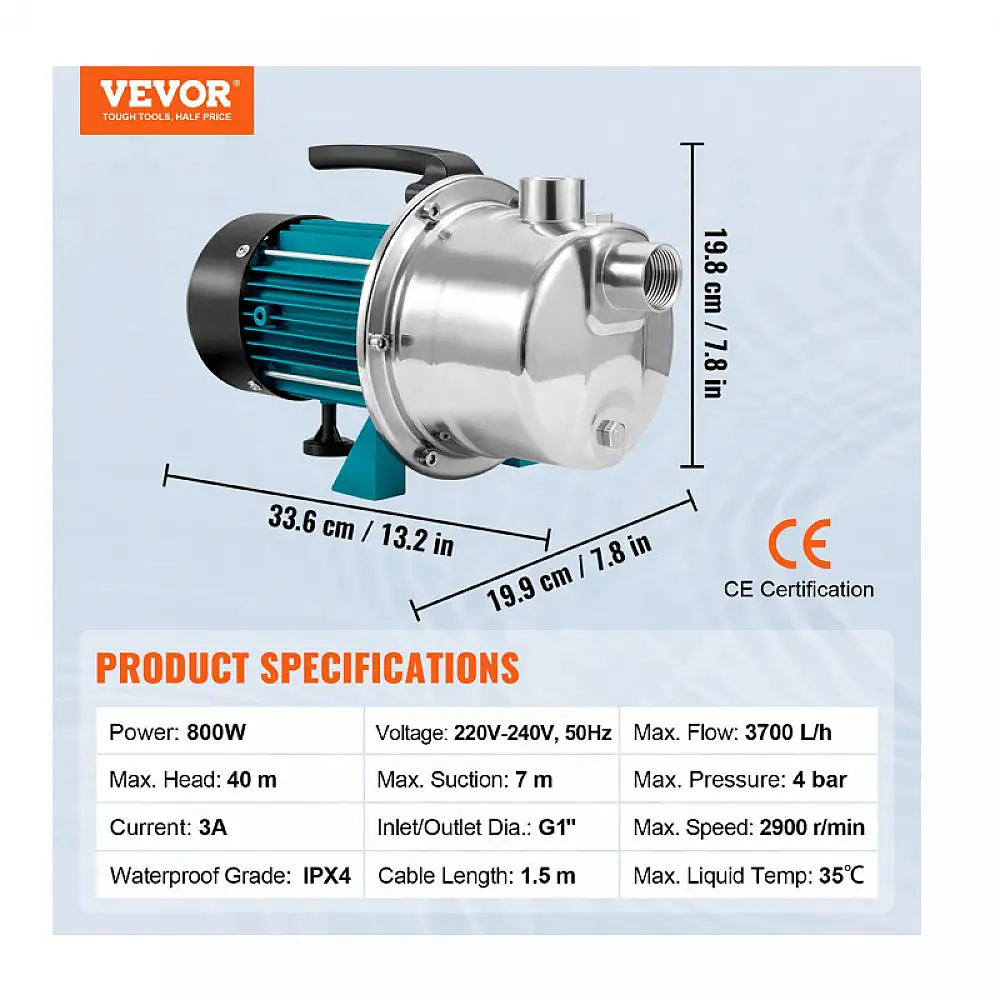 Ηλεκτρική Αντλία Κήπου 800 W VEVOR SDK3700LH220VZV0WV2