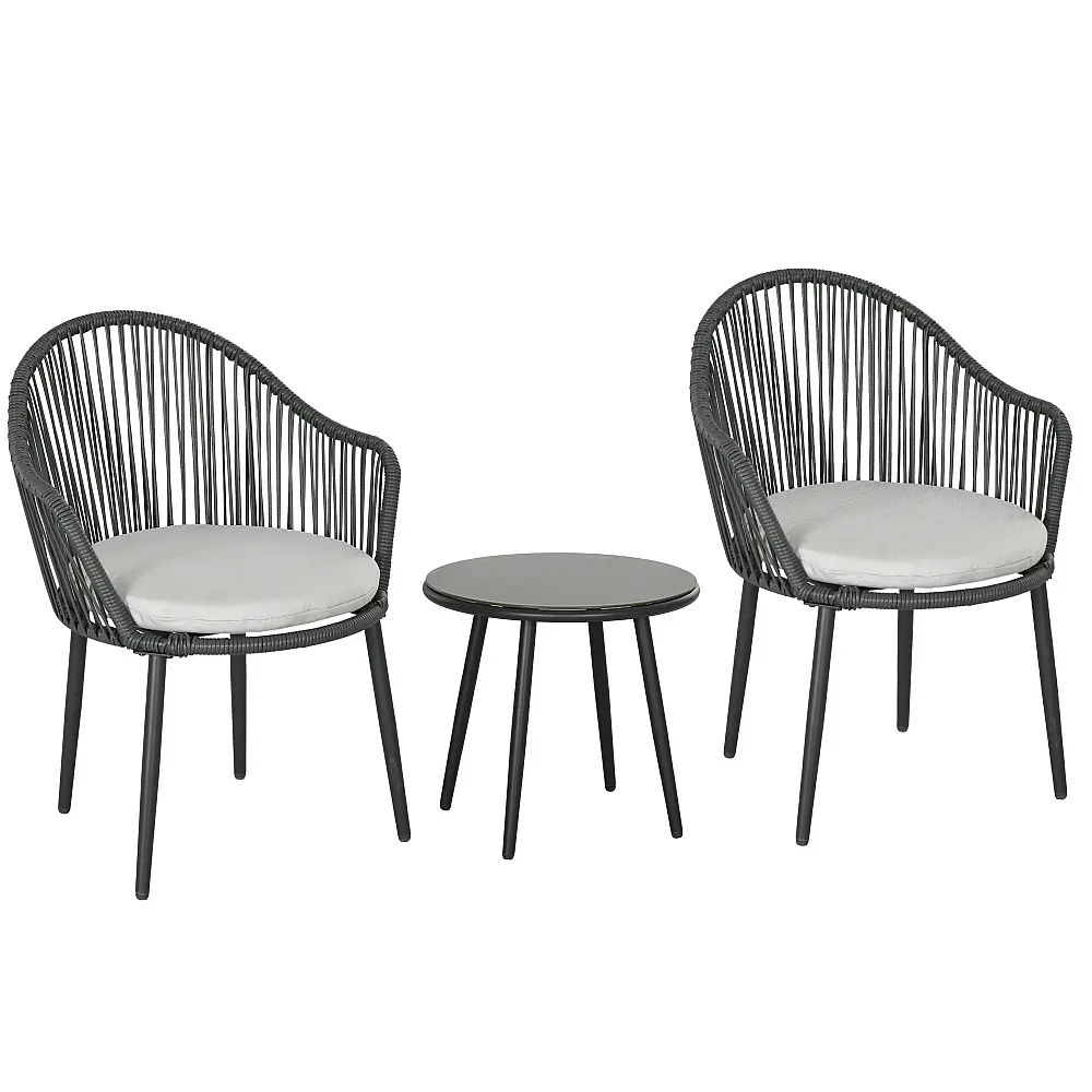 Outsunny Rattan Garden Lounge με 2 πολυθρόνες με μαξιλάρια και γυάλινο τραπεζάκι σαλονιού, γκρι 863-137V00CG Outsunny Rattan Garden Lounge με 2 πολυθρόνες με μαξιλάρια και γυάλινο τραπεζάκι σαλονιού, γκρι 863-137V00CG