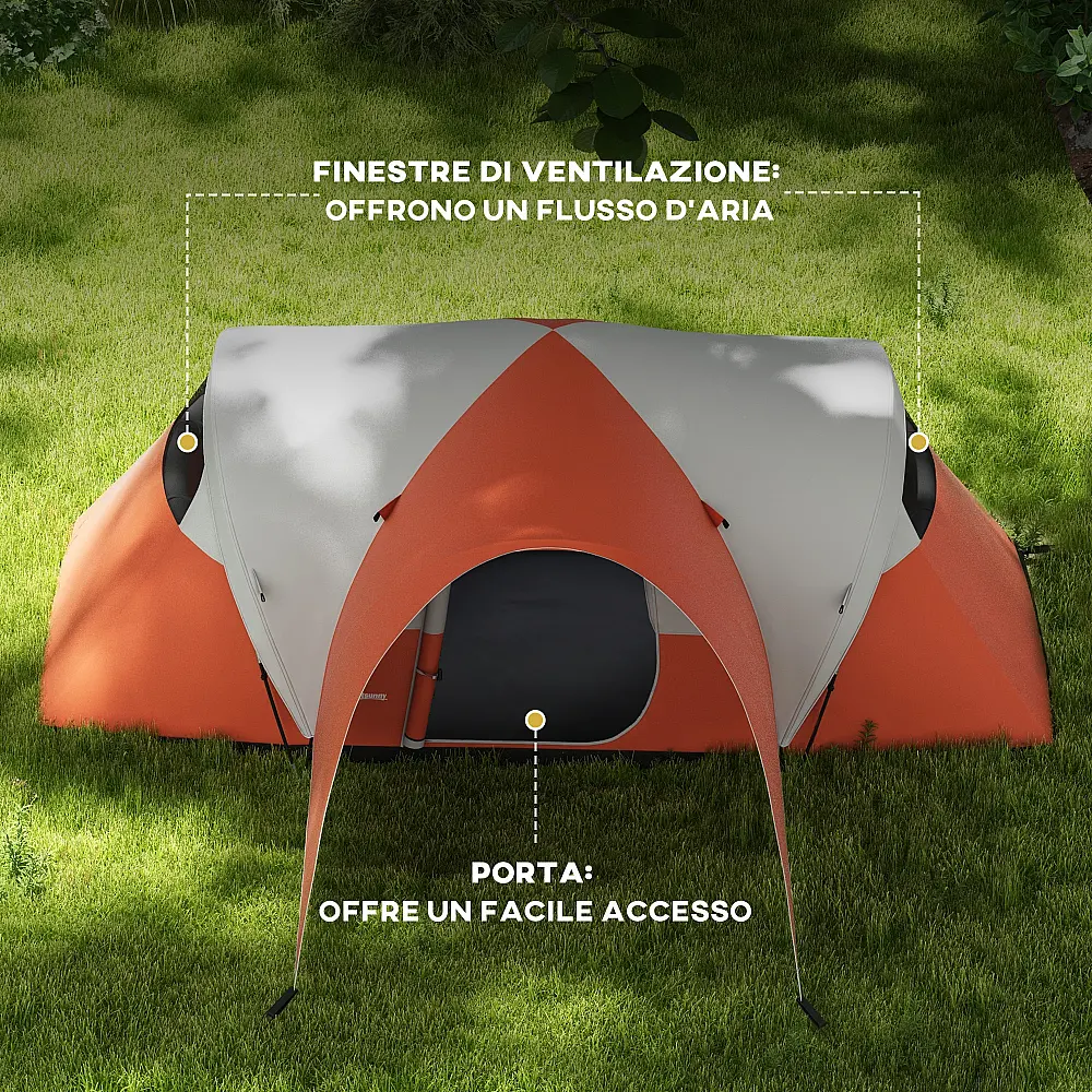 Σκηνή Camping Outsunny 5-6 ατόμων με βεράντα, 3000mm Αδιάβροχη με τσάντα μεταφοράς, πορτοκαλί A20-396V00OG