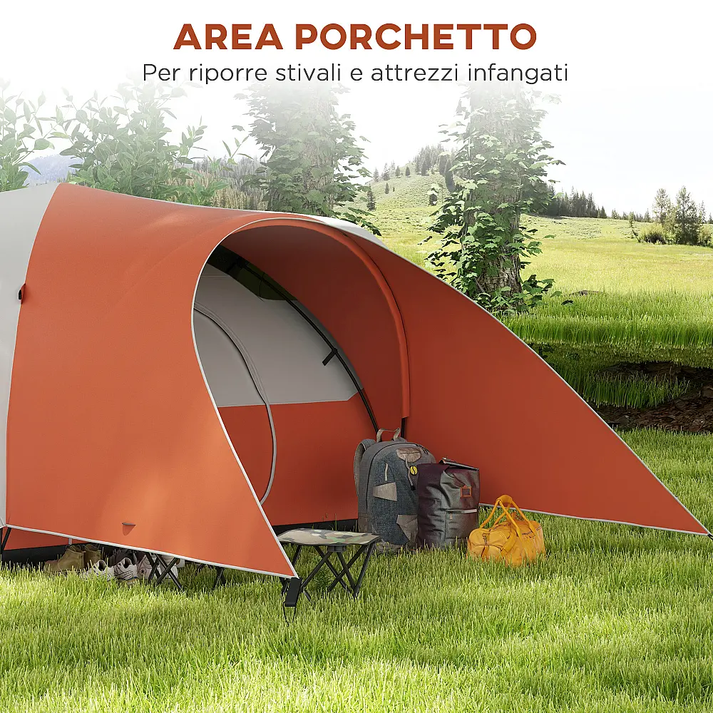 Σκηνή Camping Outsunny 5-6 ατόμων με βεράντα, 3000mm Αδιάβροχη με τσάντα μεταφοράς, πορτοκαλί A20-396V00OG