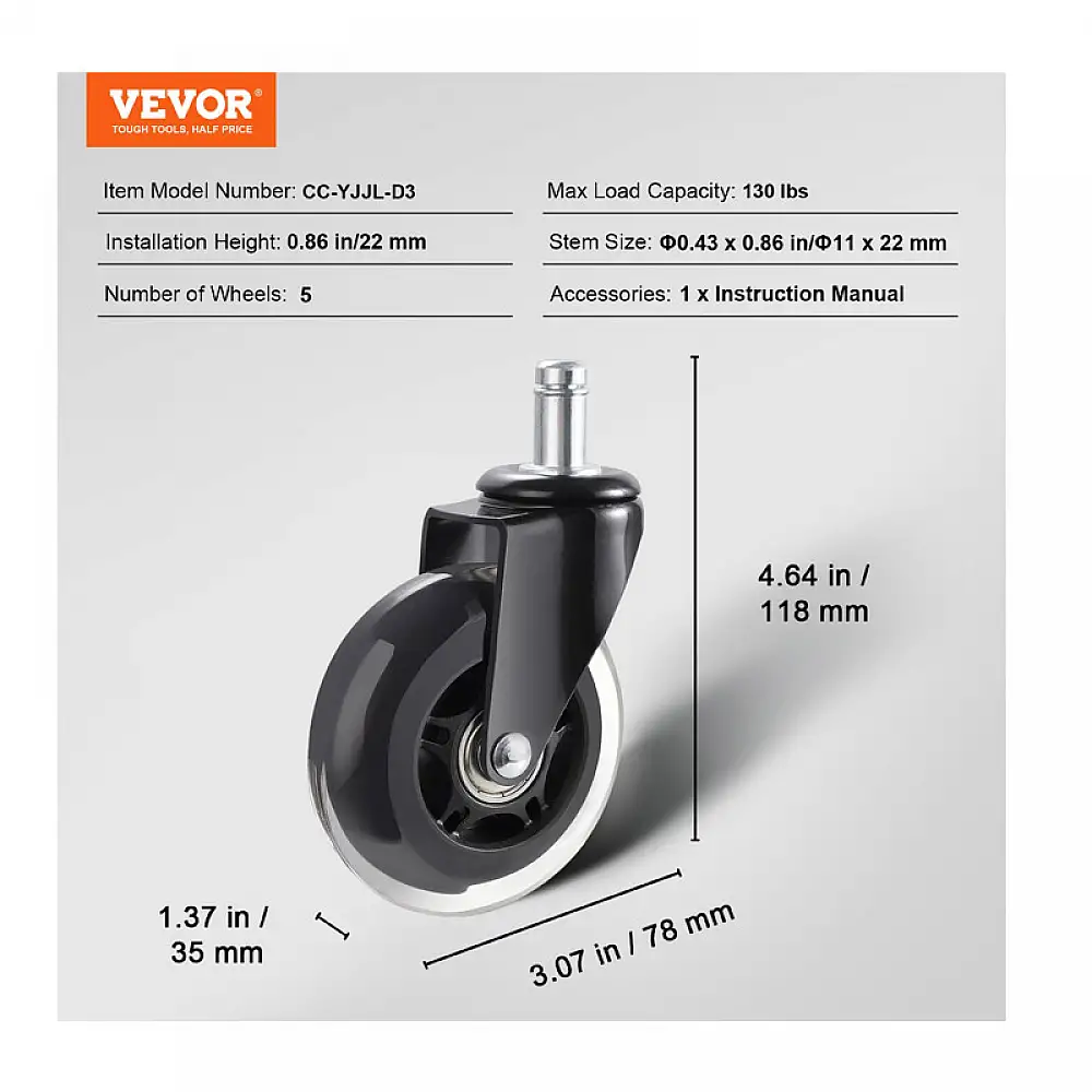Σετ Περιστρεφόμενα Ροδάκια για Καρέκλα Γραφείου 76.2 mm 5 τμχ VEVOR BGLGJAZ3INCH1FZCLV0