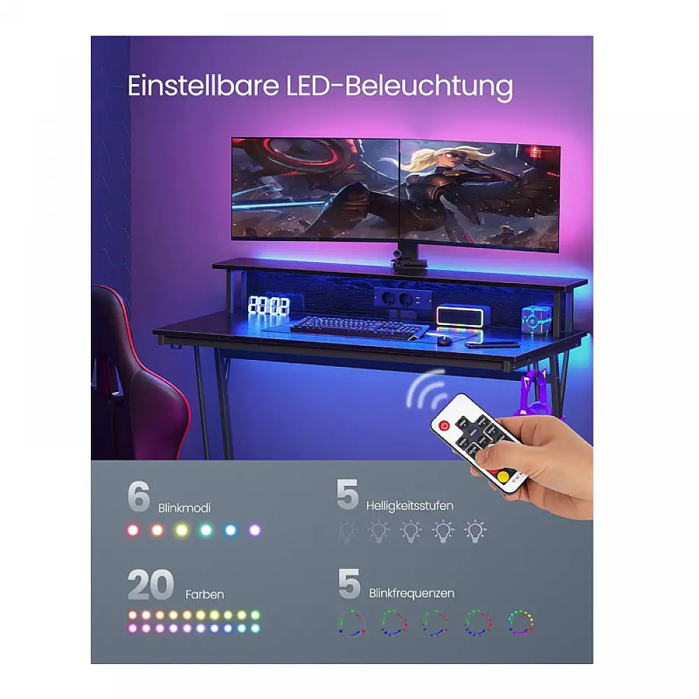 Μεταλλικό Γραφείο Gaming με LED Φωτισμό και Πολύπριζο 120 x 60 x 91 cm VASAGLE LWD192B56