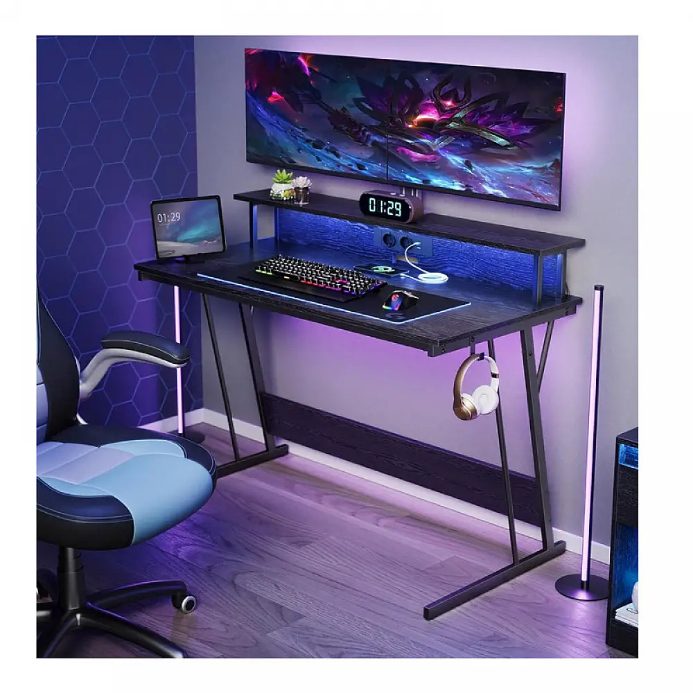 Μεταλλικό Γραφείο Gaming με LED Φωτισμό και Πολύπριζο 120 x 60 x 91 cm VASAGLE LWD192B56