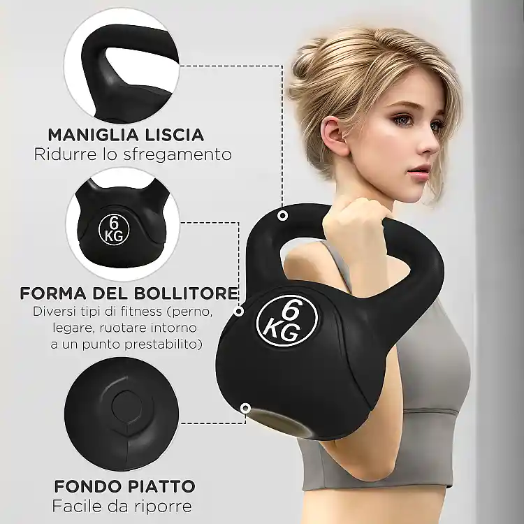HOMCOM Kettlebell 6kg από Πλαστικό και Άμμο με Επίπεδη Βάση και Λαβή 20x13x22 cm Μαύρο A91-076V05BK