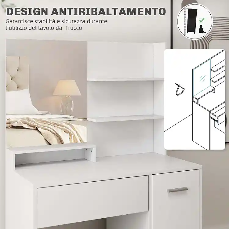 HOMCOM Τουαλέτα Μακιγιάζ με Καθρέφτη και Σκαμπό Συρτάρι Ντουλάπι και Ράφια από Ξύλο Λευκό 831-779V80WT