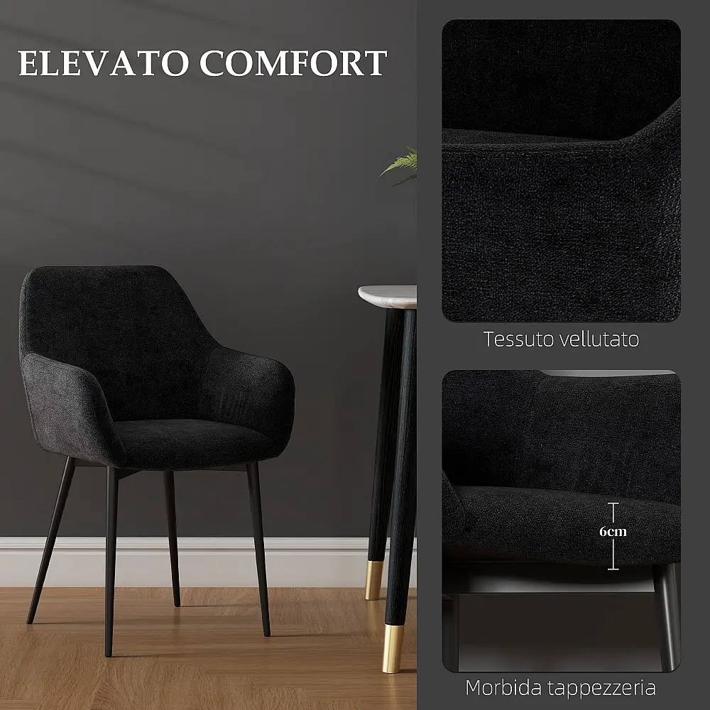 HOMCOM Σετ 2 Καρέκλες για Μοντέρνα Τραπεζαρία με Μπράτσα Καπιτονέ Κάθισμα και Ατσάλινα Πόδια 54x57x80cm Μαύρο 835-771V00BK