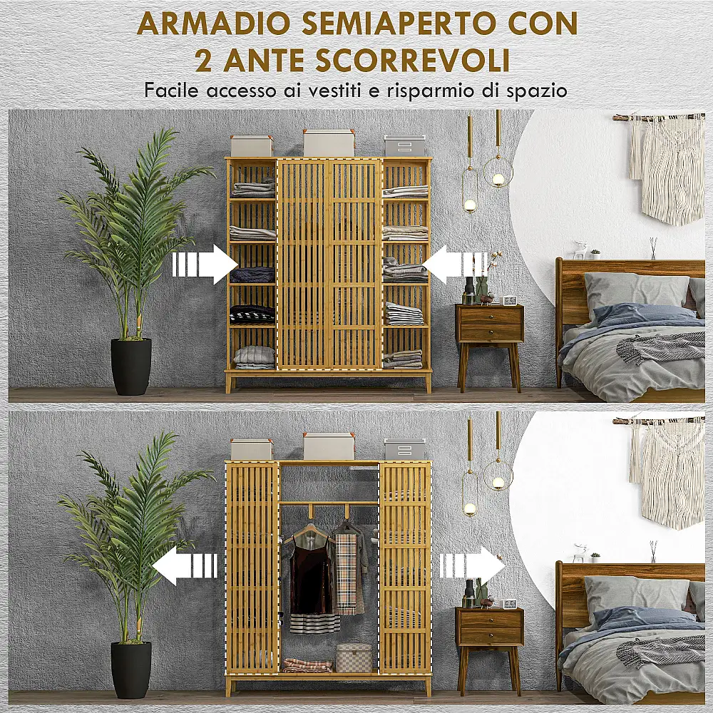 HOMCOM Ανοιχτή Ντουλάπα από Μπαμπού με 2 Συρόμενες Πόρτες Ανοιχτά Ράφια και Κρεμάστρα 145x35x165cm 831-787V00ND