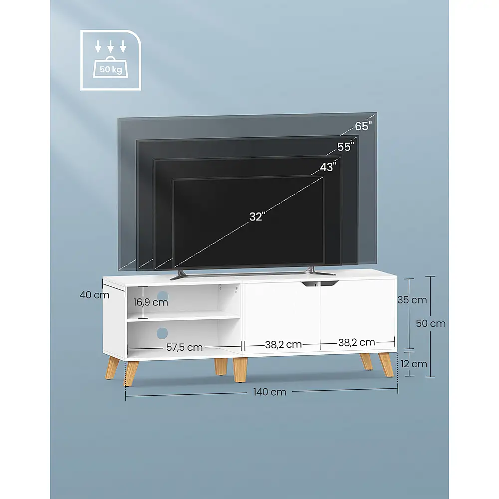 VASAGLE Έπιπλο Τηλεόρασης ς έως 65 Ίντσες, με 2 Πόρτες και Ρυθμιζόμενα Ράφια, 140 cm Πλάτος, Λευκό LTV027T46