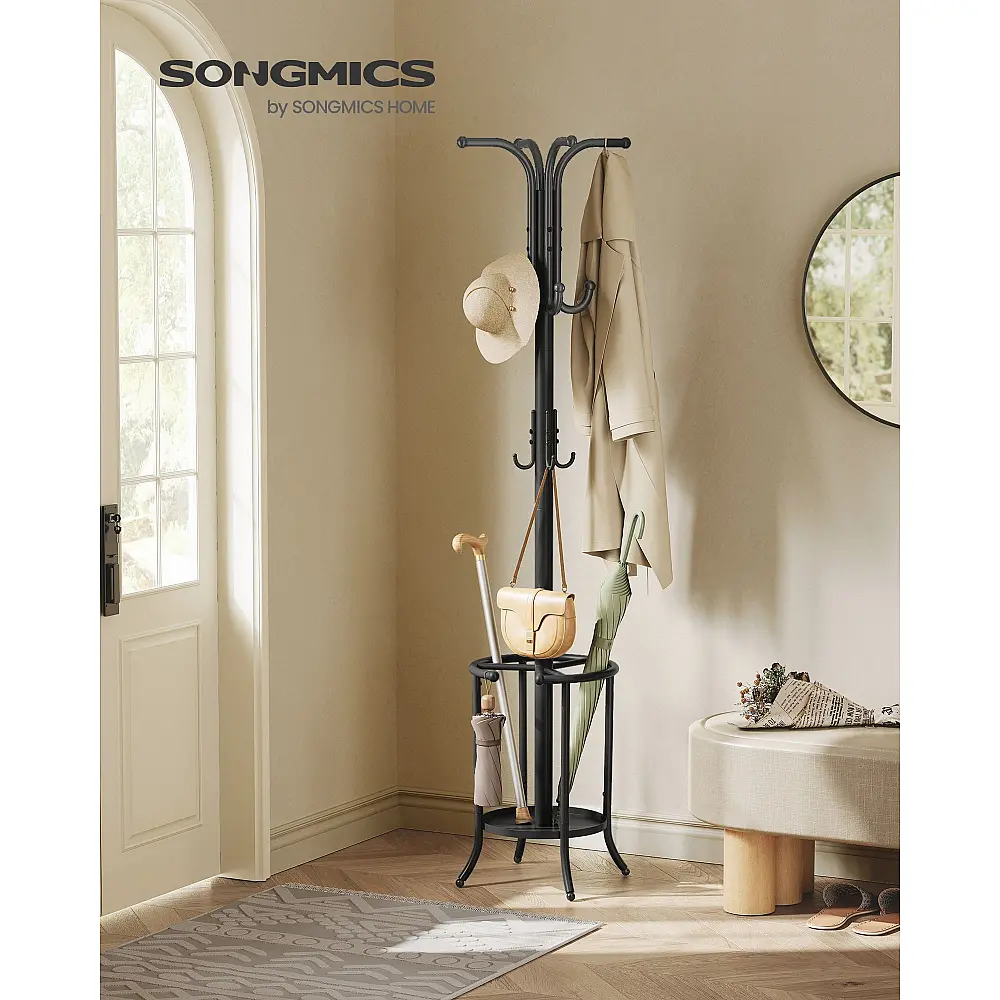 SONGMICS Μεταλλικός Καλόγερος με Θήκη Ομπρελών και 12 Γάντζους, 175 εκ Ύψος , Χρώματος Μαύρο Μελάνι RCR011B01