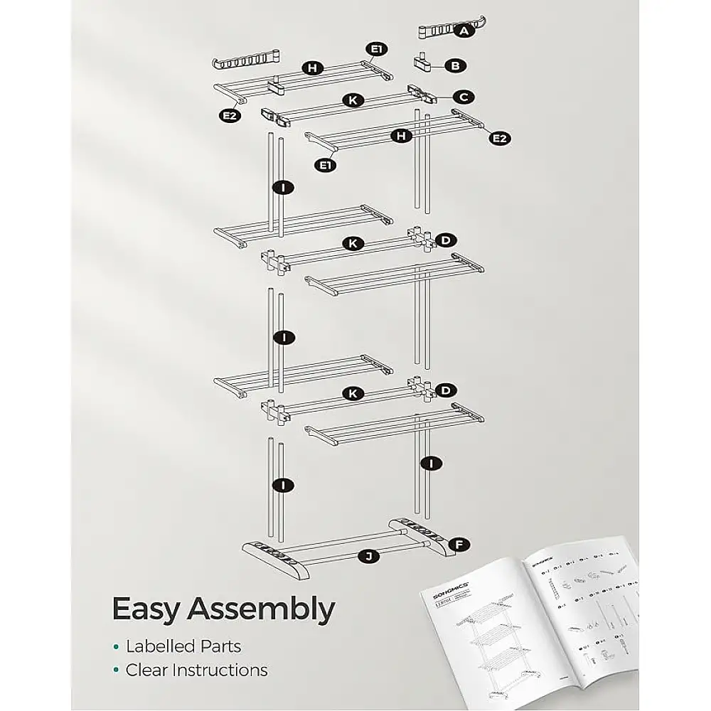 Πτυσσόμενη Απλώστρα Ρούχων 4 Επιπέδων 64 x 126 x 172 cm Χρώματος Γκρι SONGMICS LLR701G01V1