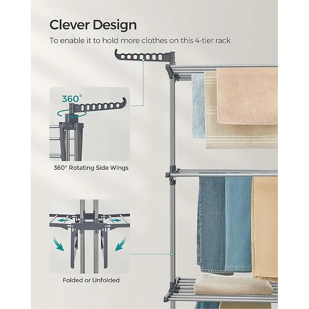 Πτυσσόμενη Απλώστρα Ρούχων 4 Επιπέδων 64 x 126 x 172 cm Χρώματος Γκρι SONGMICS LLR701G01V1