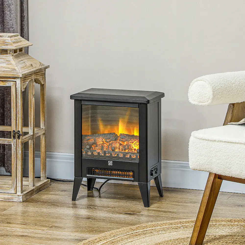 HOMCOM  Ηλεκτρικό Τζάκι 1800W με Εφέ Φλόγας σε 3 Εντάσεις, από Μέταλλο και Γυαλί, 36x21x47 εκ., Μαύρο  820-407V90BK