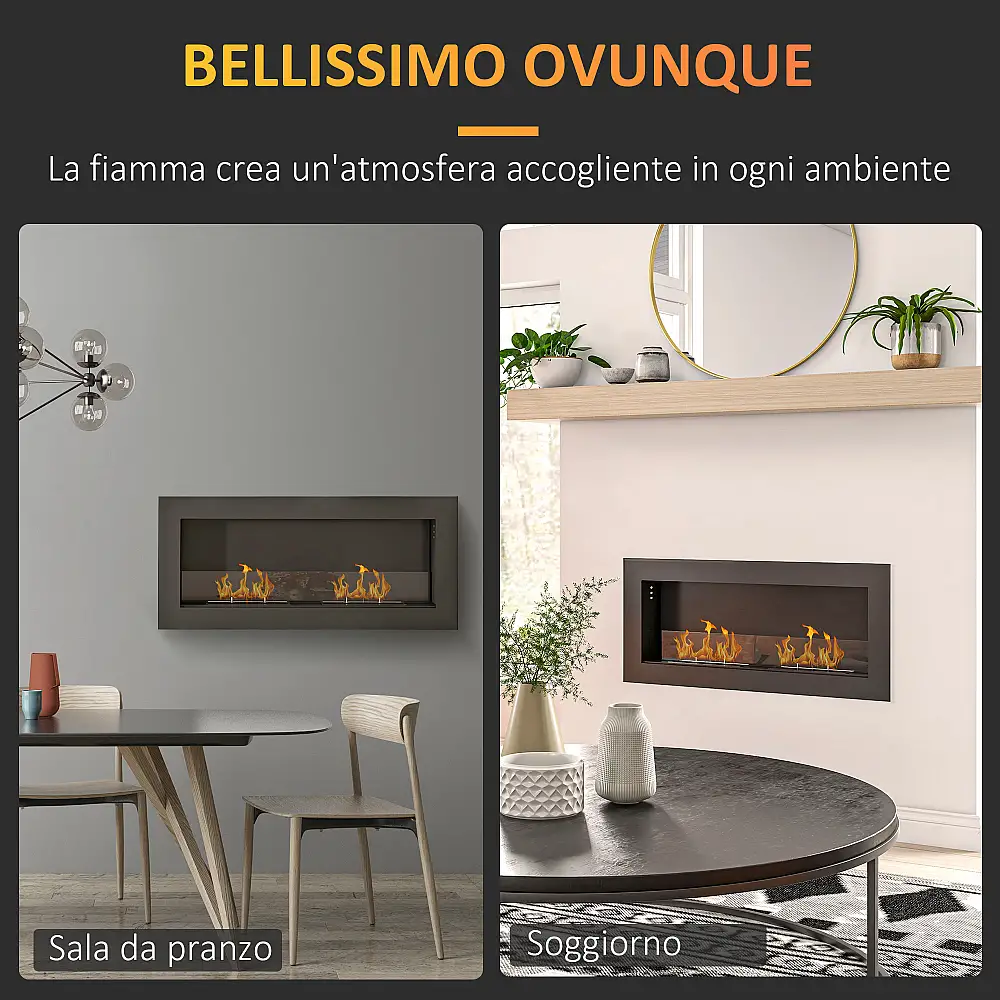 HOMCOM  Εντοιχισμένο τζάκι βιοαιθανόλης από ανοξείδωτο ατσάλι, 2 καυστήρες χωρητικότητας 0,85L για διάρκεια 3 ωρών, 90x15x40cm, μαύρο.  820-388V00BK
