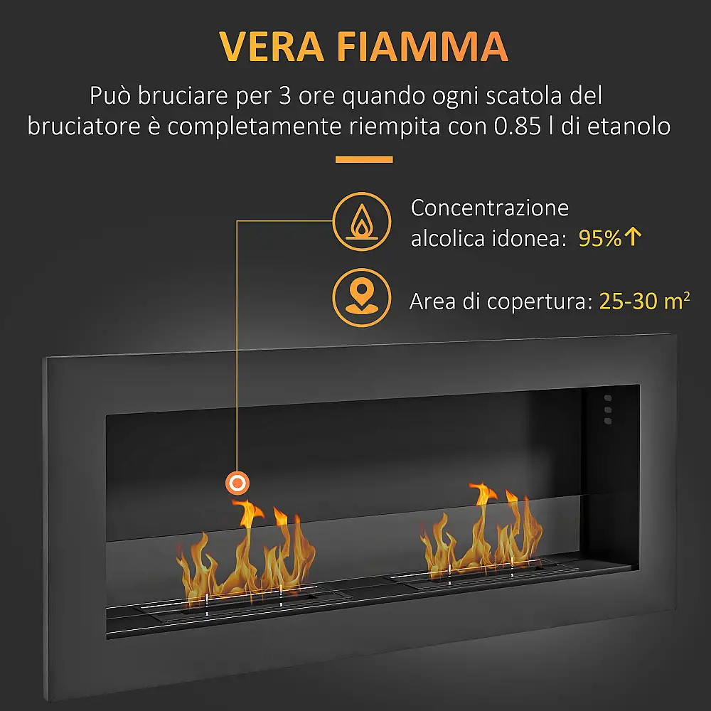 HOMCOM  Εντοιχισμένο τζάκι βιοαιθανόλης από ανοξείδωτο ατσάλι, 2 καυστήρες χωρητικότητας 0,85L για διάρκεια 3 ωρών, 90x15x40cm, μαύρο.  820-388V00BK