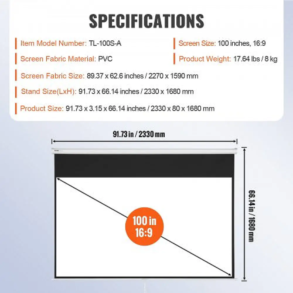 Οθόνη Προβολής VEVOR 100" 16:9 4K HD Αναδιπλούμενη  TYPM20SDSJ106BD6YV0