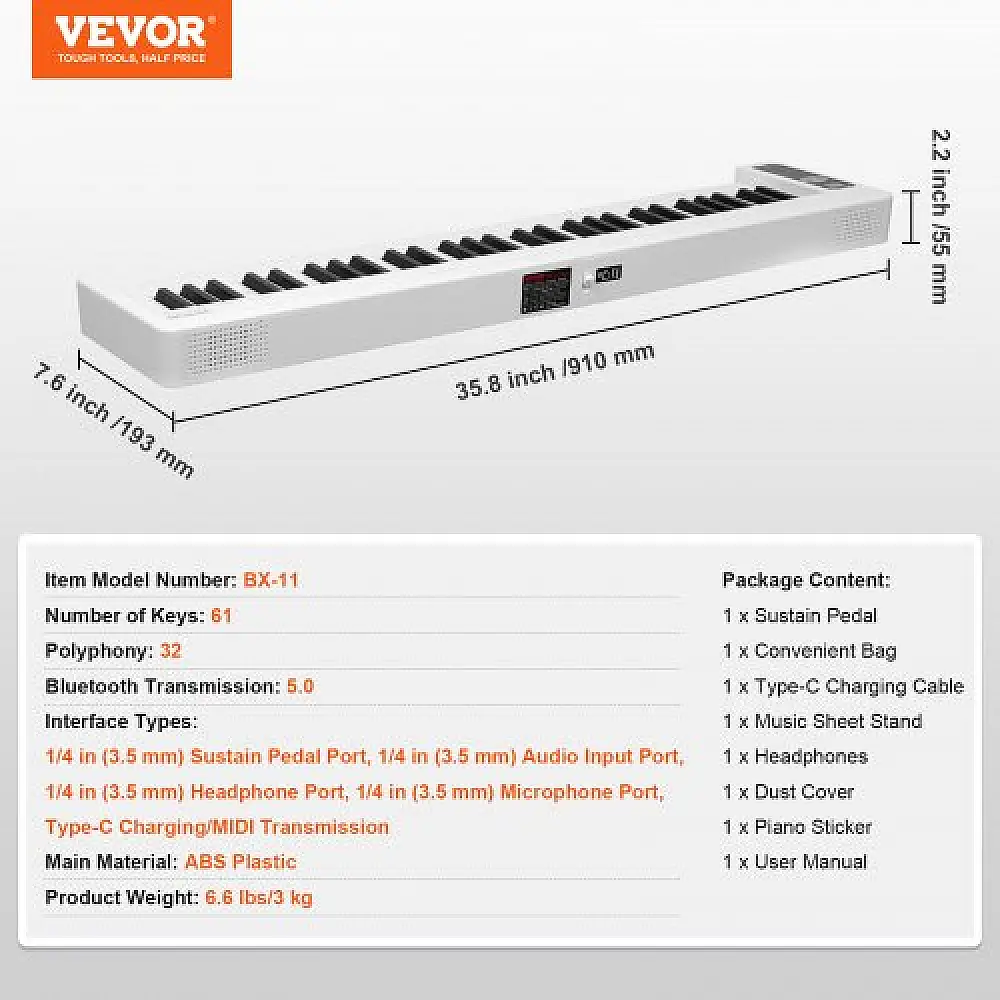 Φορητό Πιάνο 61 Πλήκτρων VEVOR με Bluetooth MIDI Λευκό  ZDSMGQ61JBSW9CBHXV9