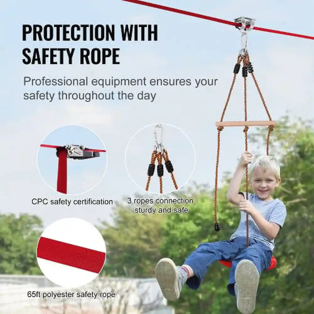 Σετ Zipline VEVOR 65 ft για Παιδιά & Ενήλικες, έως 500 lb, με Ζώνη Ασφαλείας, Κάθισμα & Χειρολαβή  SSHSTJ65YCNL00VV5V0