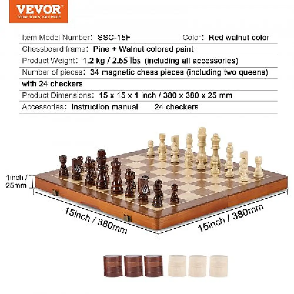 Σετ Σκακιού VEVOR Μαγνητικό Ξύλινο 15", 2-σε-1 Σκάκι & Ντάμα, Πτυσσόμενη Σκακιέρα για Ενήλικες & Παιδιά, Φορητό Δώρο Ταξιδιού  MZGJXQ15YCSS1DS5BV0